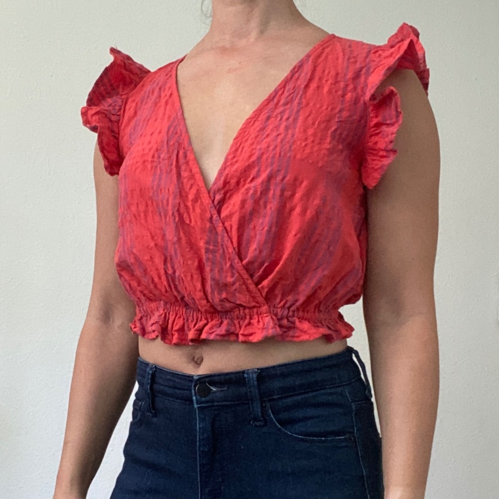 Target Universal Thread Red Striped V-Neck Ruffle Cotton Crop Top - S/M